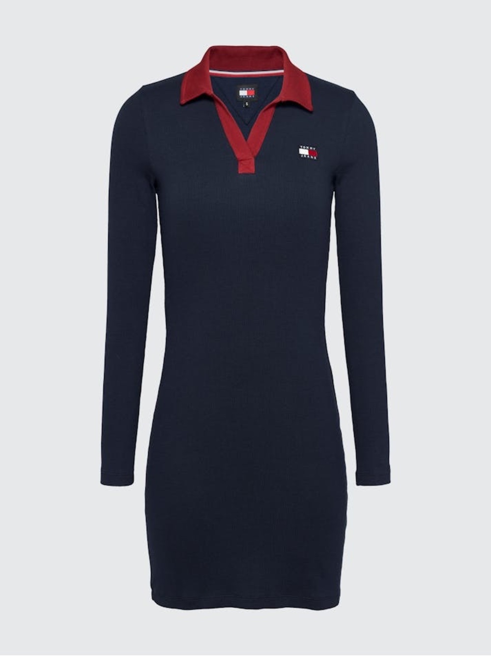 Tommy Hilfiger Navy Long-Sleeve Polo Ribbed Dress with Maroon Trim